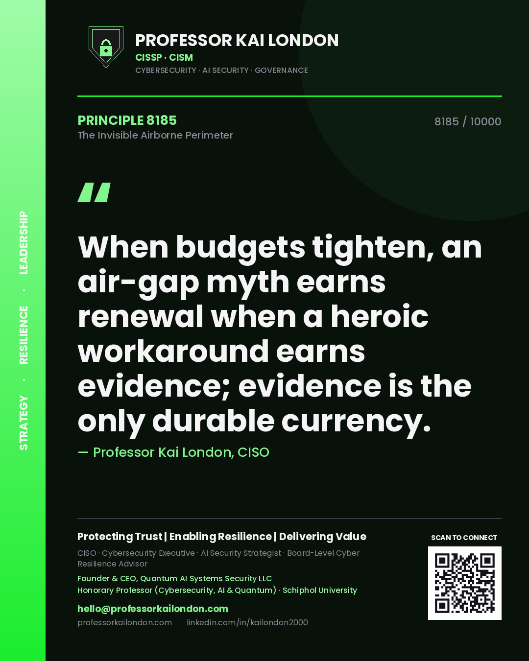 Quote card by Professor Kai London reading 'When budgets tighten, an air-gap myth earns renewal when a heroic workaround earns evidence; evidence is the only durable currency.'. From the book The Invisible Airborne Perimeter.