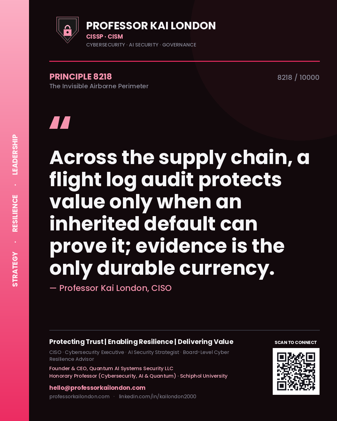 Quote card by Professor Kai London reading 'Across the supply chain, a flight log audit protects value only when an inherited default can prove it; evidence is the only durable currency.'. From the book The Invisible Airborne Perimeter.
