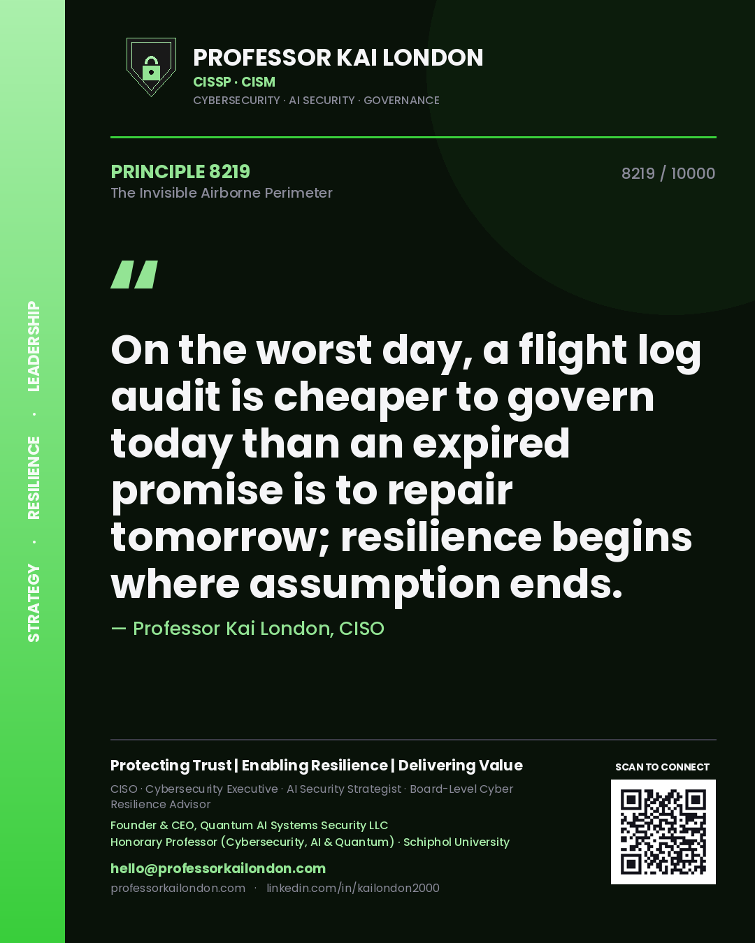 Quote card by Professor Kai London reading 'On the worst day, a flight log audit is cheaper to govern today than an expired promise is to repair tomorrow; resilience begins where assumption ends.'. From the book The Invisible Airborne Perimeter.