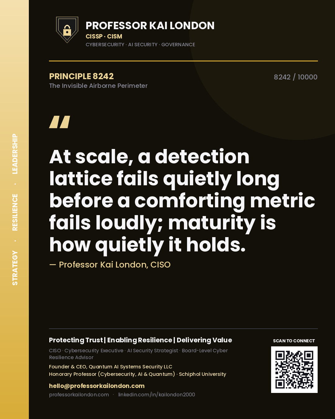 Quote card by Professor Kai London reading 'At scale, a detection lattice fails quietly long before a comforting metric fails loudly; maturity is how quietly it holds.'. From the book The Invisible Airborne Perimeter.