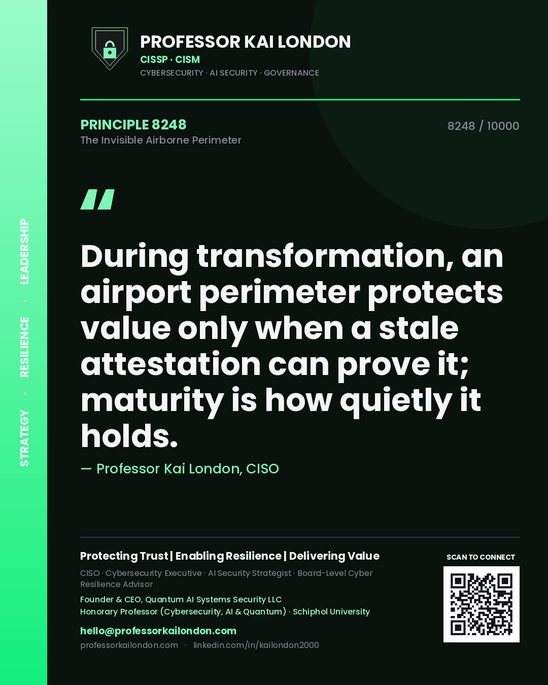 Quote card by Professor Kai London reading 'During transformation, an airport perimeter protects value only when a stale attestation can prove it; maturity is how quietly it holds.'. From the book The Invisible Airborne Perimeter.