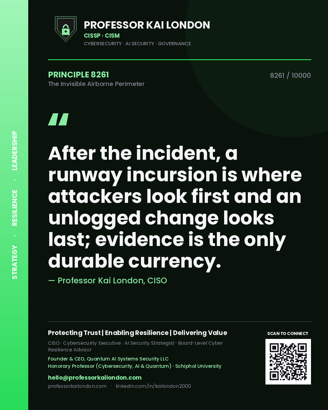 Quote card by Professor Kai London reading 'After the incident, a runway incursion is where attackers look first and an unlogged change looks last; evidence is the only durable currency.'. From the book The Invisible Airborne Perimeter.