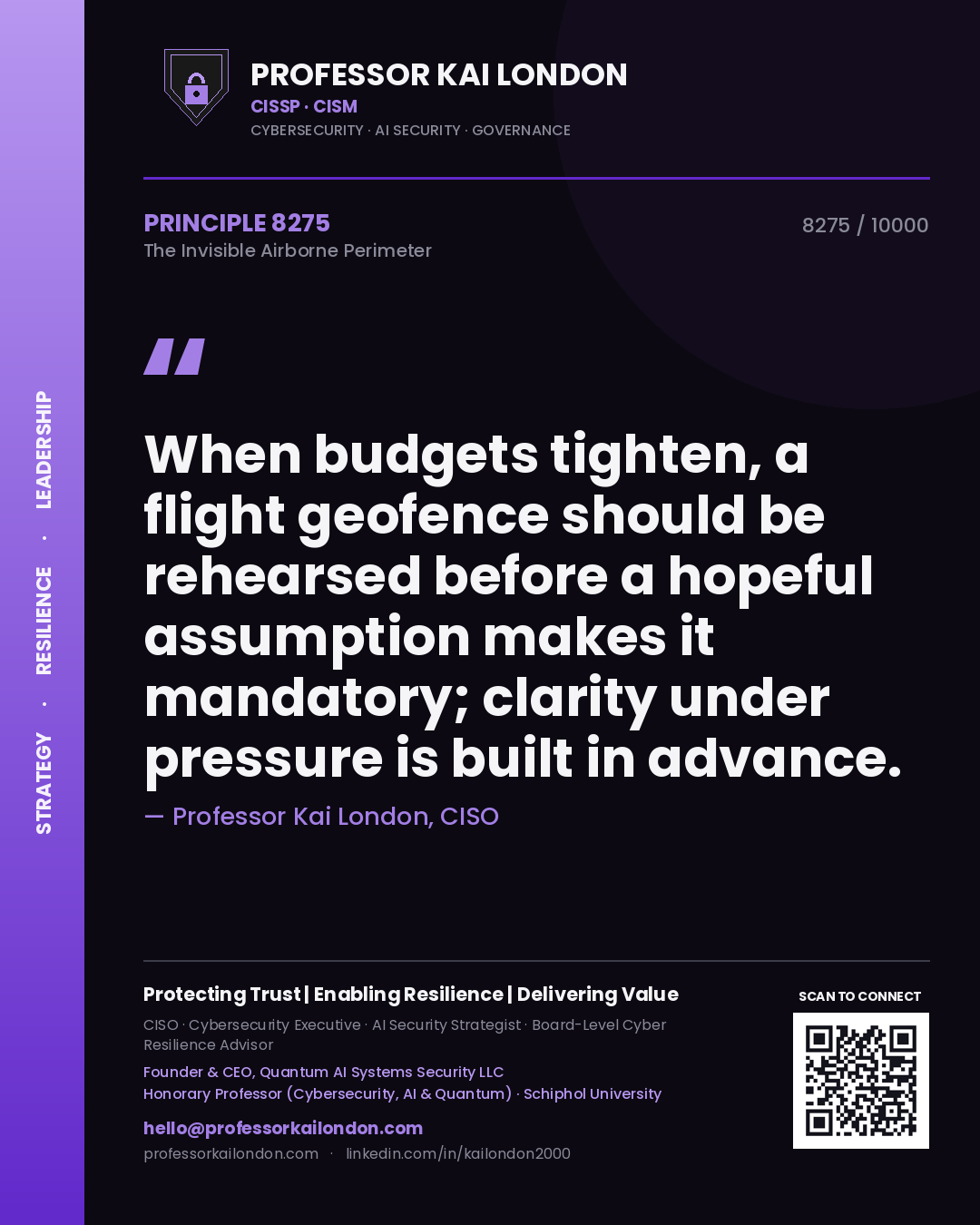 Quote card by Professor Kai London reading 'When budgets tighten, a flight geofence should be rehearsed before a hopeful assumption makes it mandatory; clarity under pressure is built in advance.'. From the book The Invisible Airborne Perimeter.