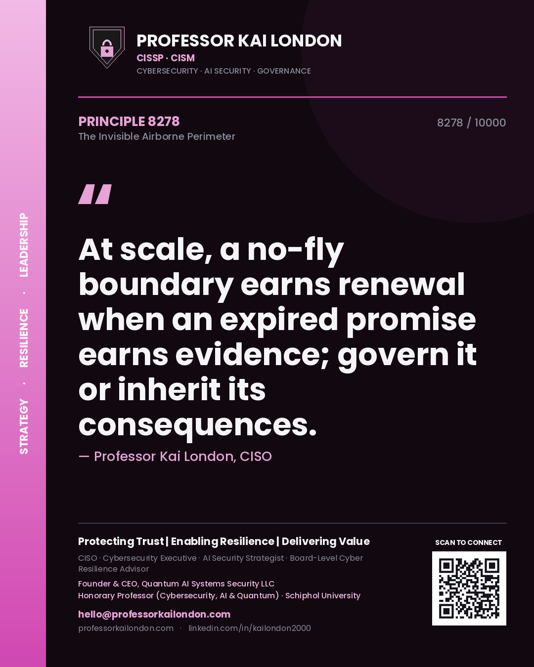 Quote card by Professor Kai London reading 'At scale, a no-fly boundary earns renewal when an expired promise earns evidence; govern it or inherit its consequences.'. From the book The Invisible Airborne Perimeter.