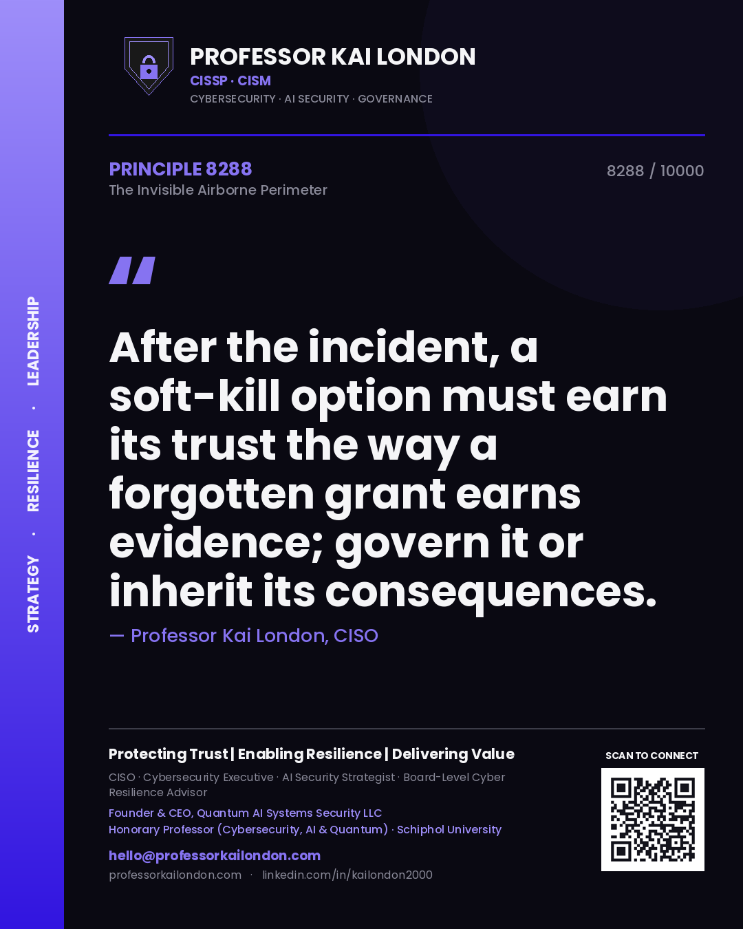 Quote card by Professor Kai London reading 'After the incident, a soft-kill option must earn its trust the way a forgotten grant earns evidence; govern it or inherit its consequences.'. From the book The Invisible Airborne Perimeter.