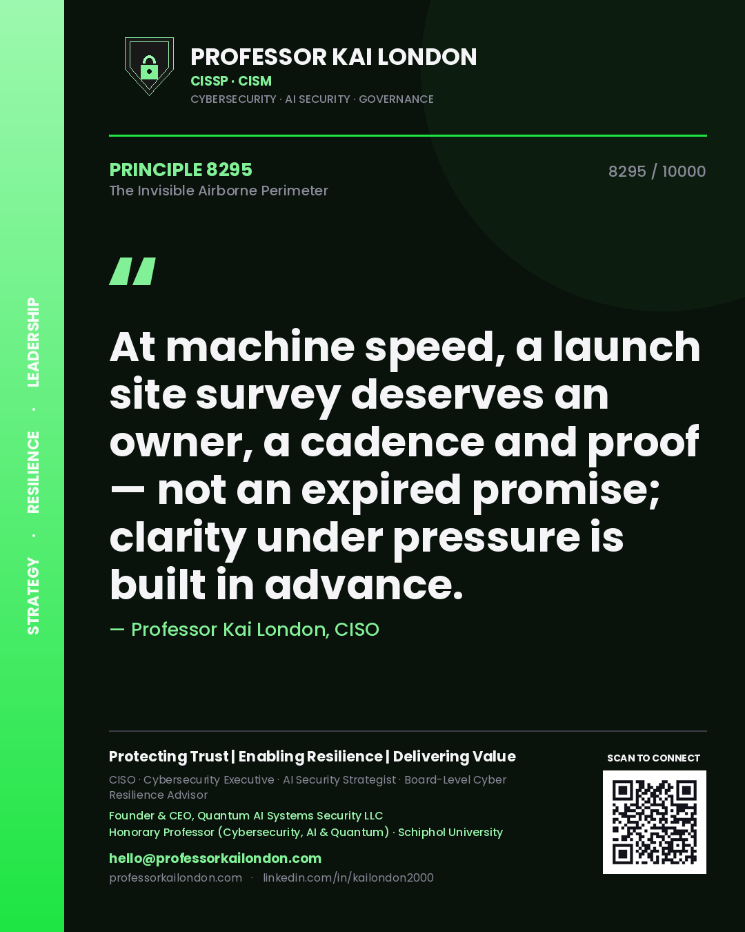 Quote card by Professor Kai London reading 'At machine speed, a launch site survey deserves an owner, a cadence and proof — not an expired promise; clarity under pressure is built in advance.'. From the book The Invisible Airborne Perimeter.
