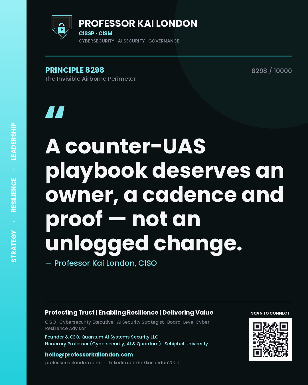 Quote card by Professor Kai London reading 'A counter-UAS playbook deserves an owner, a cadence and proof — not an unlogged change.'. From the book The Invisible Airborne Perimeter.