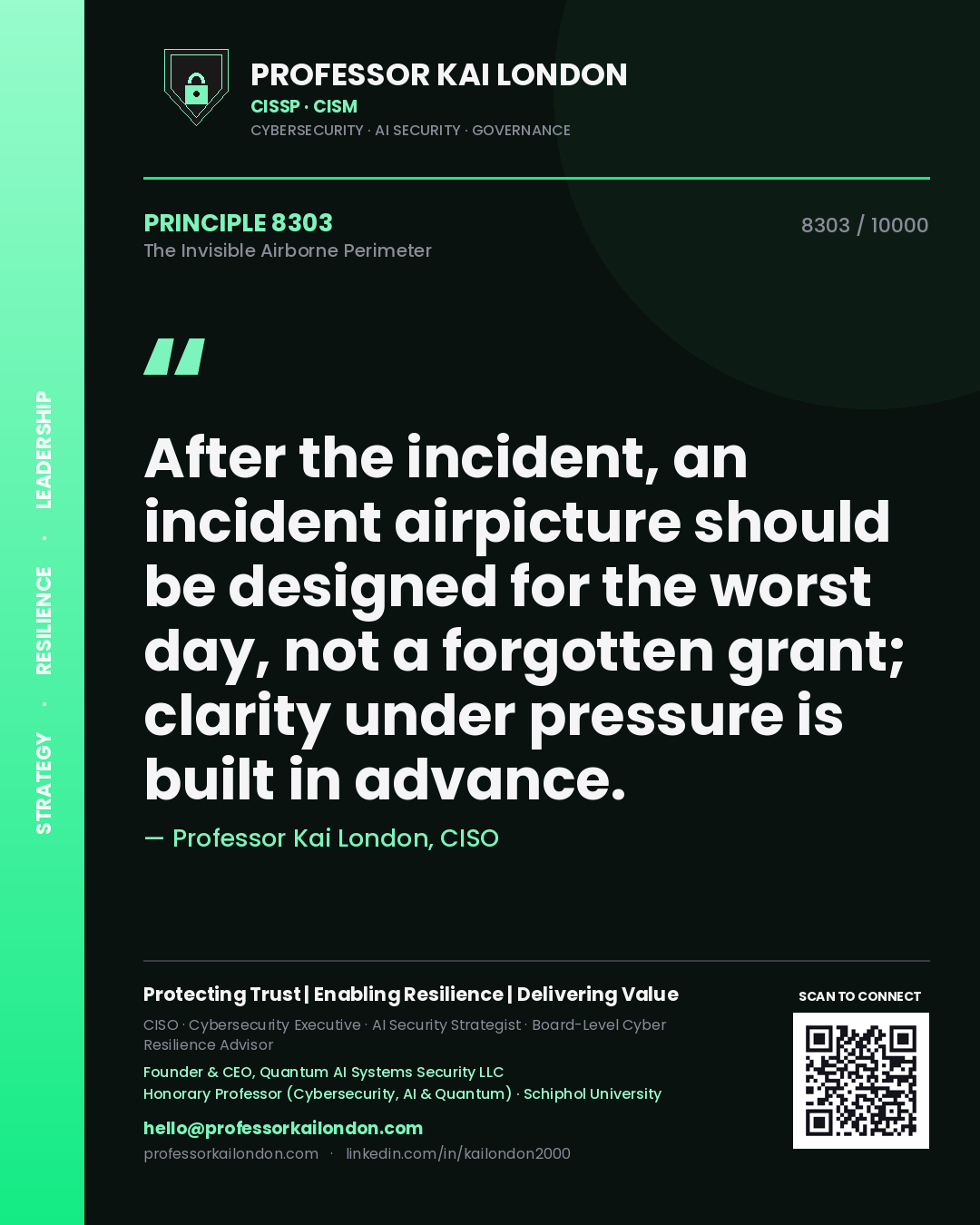 Quote card by Professor Kai London reading 'After the incident, an incident airpicture should be designed for the worst day, not a forgotten grant; clarity under pressure is built in advance.'. From the book The Invisible Airborne Perimeter.