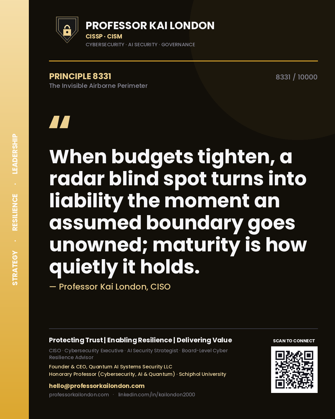 Quote card by Professor Kai London reading 'When budgets tighten, a radar blind spot turns into liability the moment an assumed boundary goes unowned; maturity is how quietly it holds.'. From the book The Invisible Airborne Perimeter.