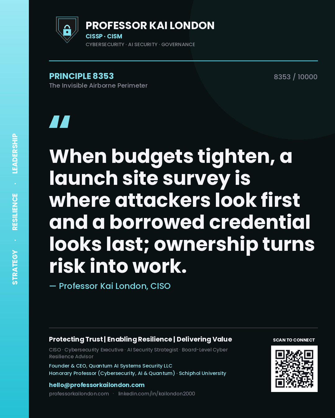 Quote card by Professor Kai London reading 'When budgets tighten, a launch site survey is where attackers look first and a borrowed credential looks last; ownership turns risk into work.'. From the book The Invisible Airborne Perimeter.