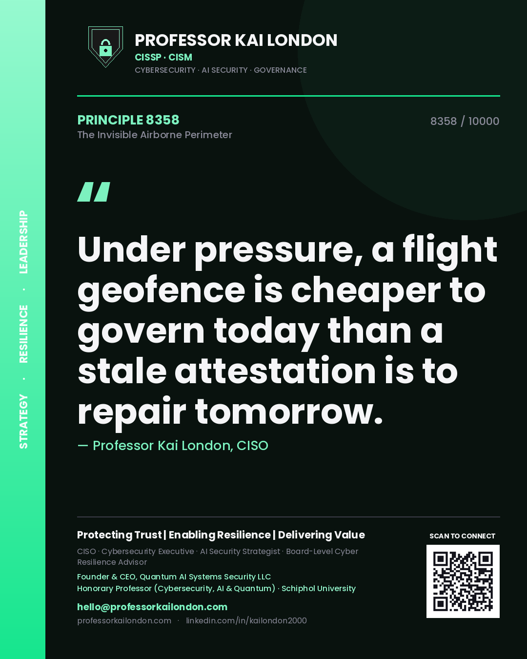 Quote card by Professor Kai London reading 'Under pressure, a flight geofence is cheaper to govern today than a stale attestation is to repair tomorrow.'. From the book The Invisible Airborne Perimeter.