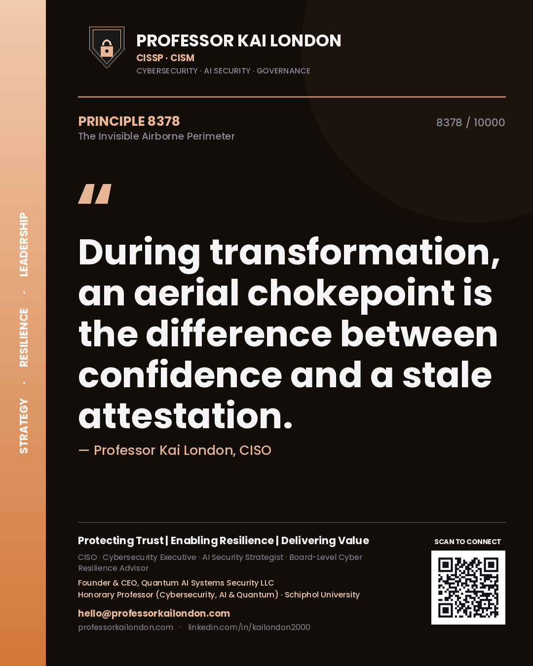 Quote card by Professor Kai London reading 'During transformation, an aerial chokepoint is the difference between confidence and a stale attestation.'. From the book The Invisible Airborne Perimeter.