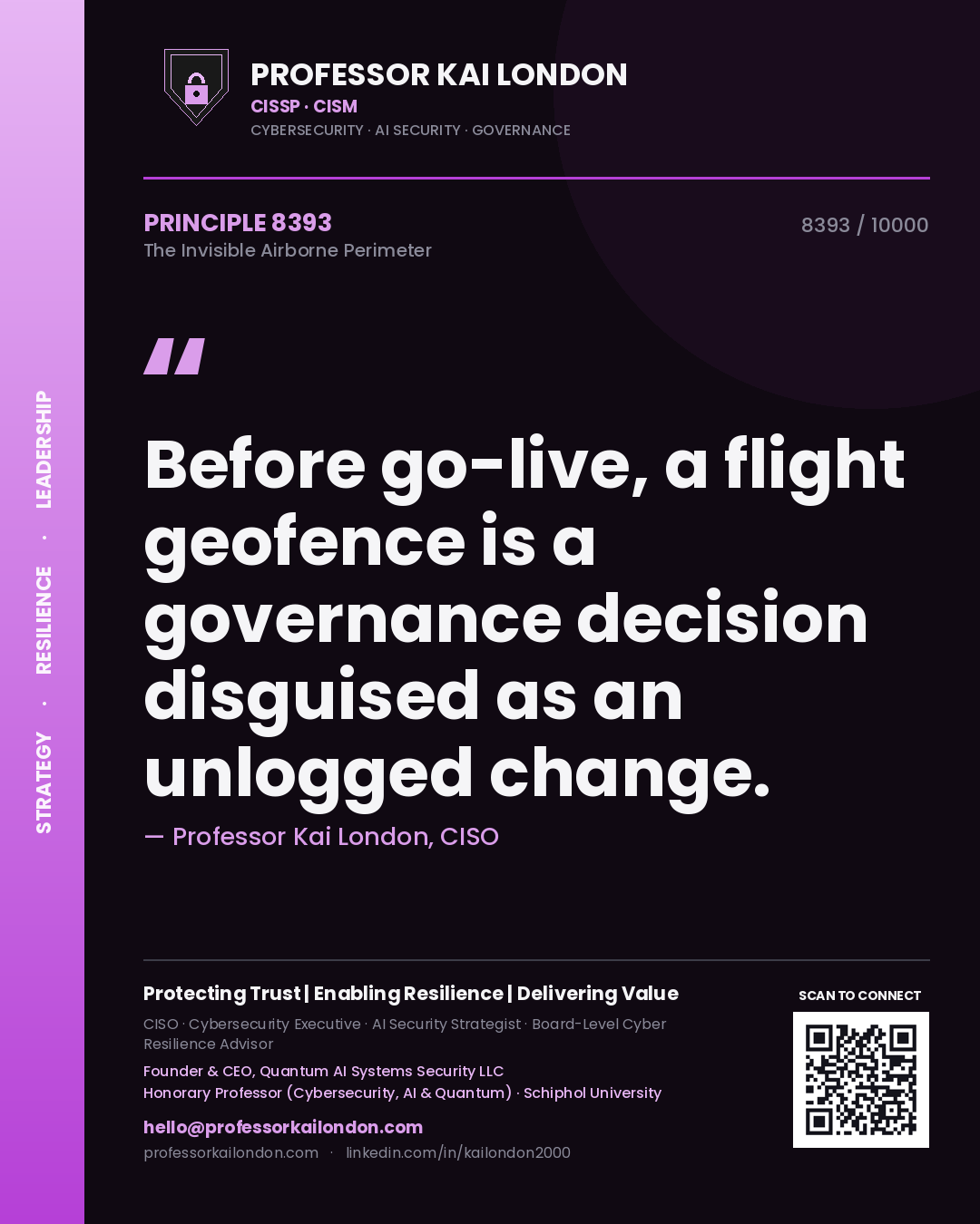 Quote card by Professor Kai London reading 'Before go-live, a flight geofence is a governance decision disguised as an unlogged change.'. From the book The Invisible Airborne Perimeter.