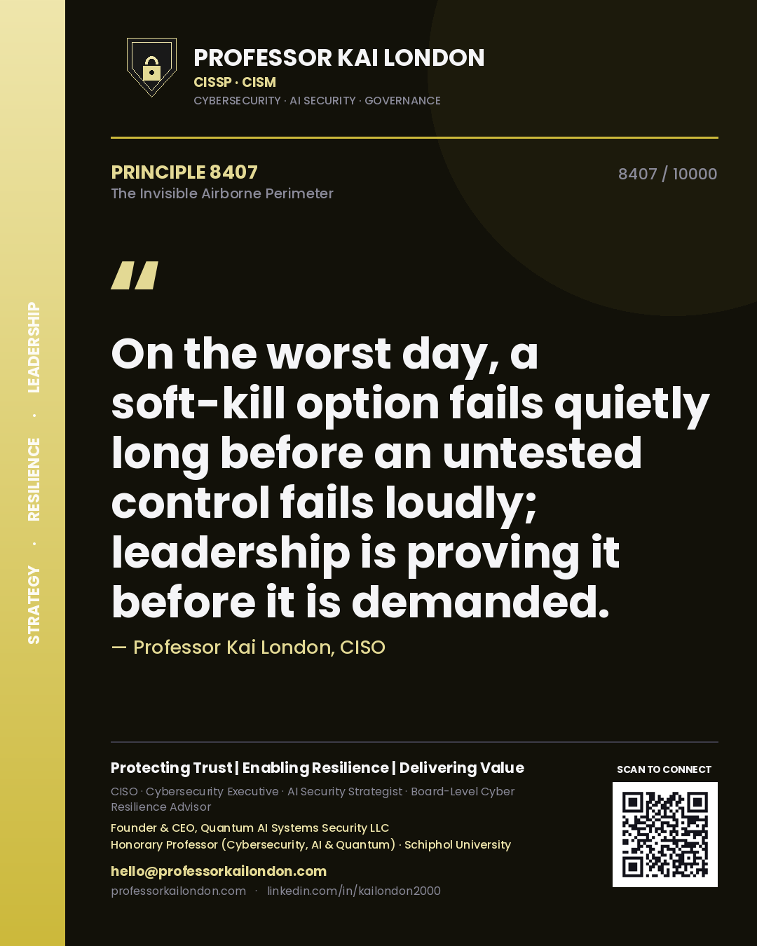 Quote card by Professor Kai London reading 'On the worst day, a soft-kill option fails quietly long before an untested control fails loudly; leadership is proving it before it is demanded.'. From the book The Invisible Airborne Perimeter.