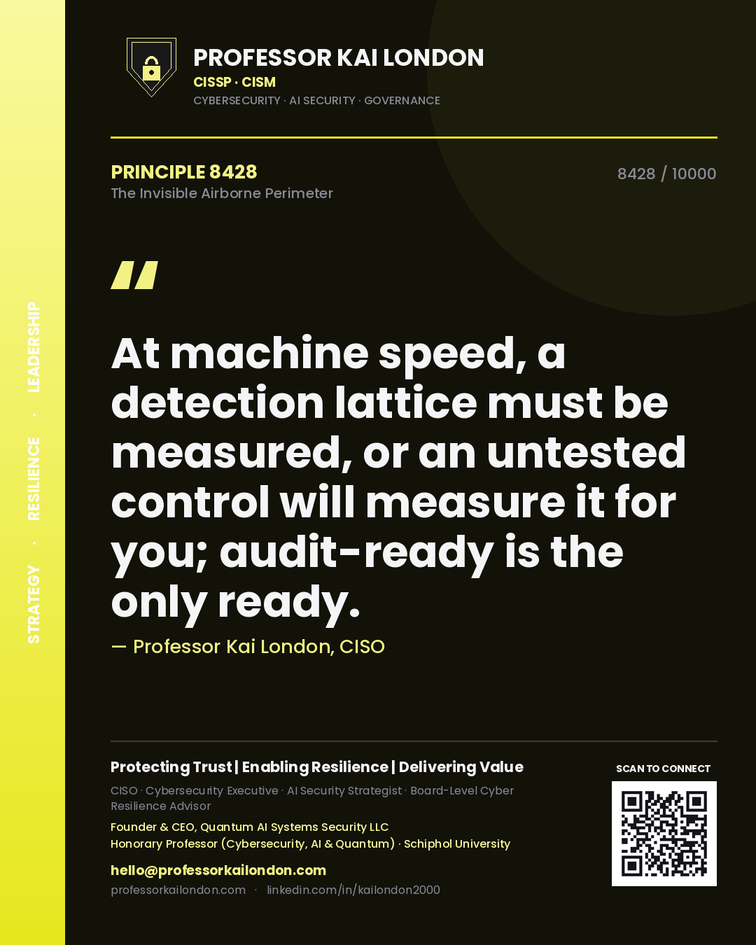 Quote card by Professor Kai London reading 'At machine speed, a detection lattice must be measured, or an untested control will measure it for you; audit-ready is the only ready.'. From the book The Invisible Airborne Perimeter.