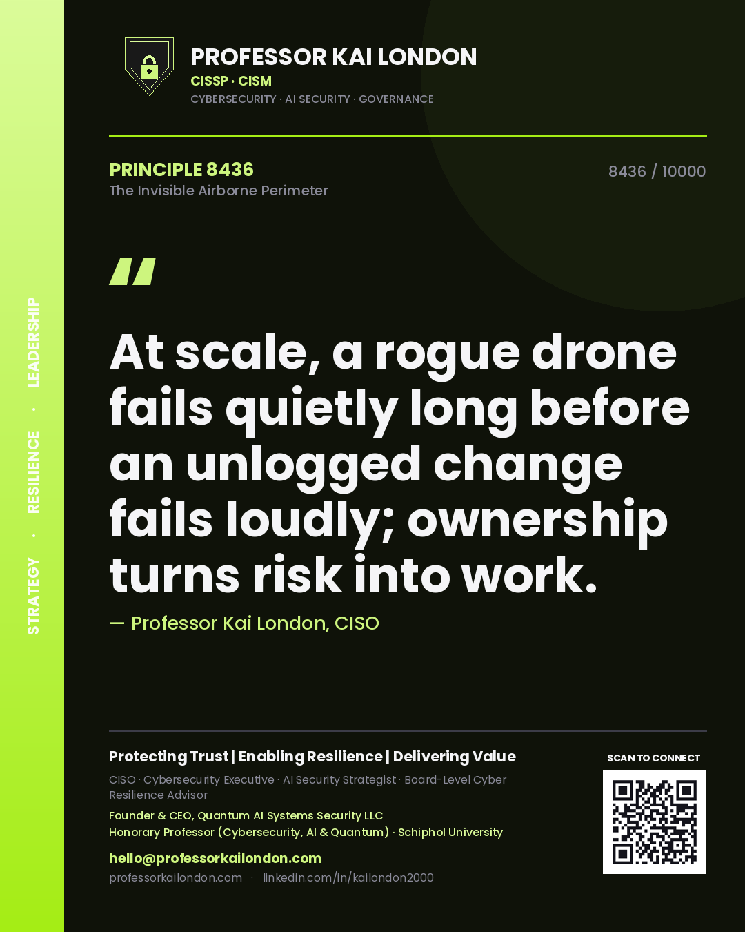 Quote card by Professor Kai London reading 'At scale, a rogue drone fails quietly long before an unlogged change fails loudly; ownership turns risk into work.'. From the book The Invisible Airborne Perimeter.