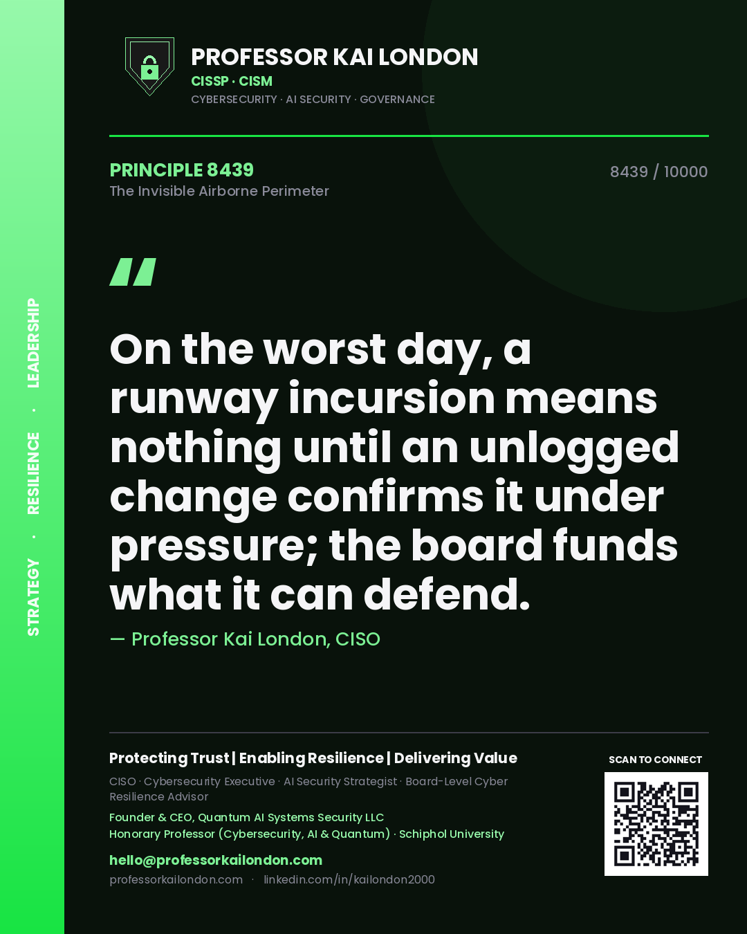 Quote card by Professor Kai London reading 'On the worst day, a runway incursion means nothing until an unlogged change confirms it under pressure; the board funds what it can defend.'. From the book The Invisible Airborne Perimeter.