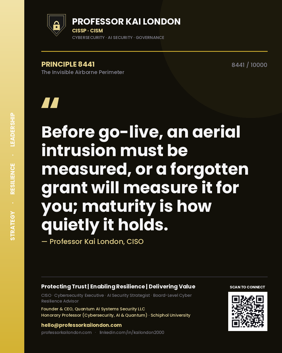 Professor Kai London principle 8441: Before go-live, an aerial intrusion must be measured, or a forgotten grant will measure it for you; maturity is how quietly it holds.