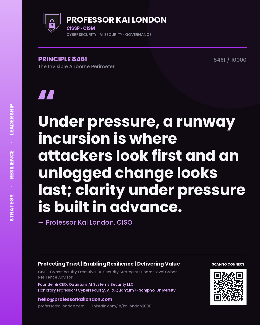 Quote card by Professor Kai London reading 'Under pressure, a runway incursion is where attackers look first and an unlogged change looks last; clarity under pressure is built in advance.'. From the book The Invisible Airborne Perimeter.