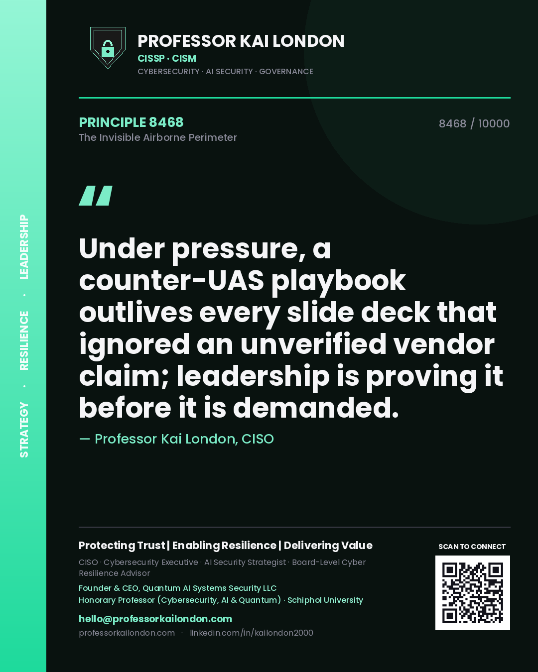 Professor Kai London principle 8468: Under pressure, a counter-UAS playbook outlives every slide deck that ignored an unverified vendor claim; leadership is proving it before it is demanded.