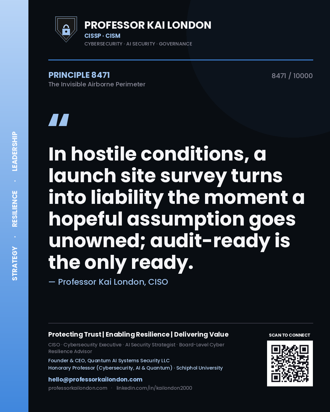 Quote card by Professor Kai London reading 'In hostile conditions, a launch site survey turns into liability the moment a hopeful assumption goes unowned; audit-ready is the only ready.'. From the book The Invisible Airborne Perimeter.