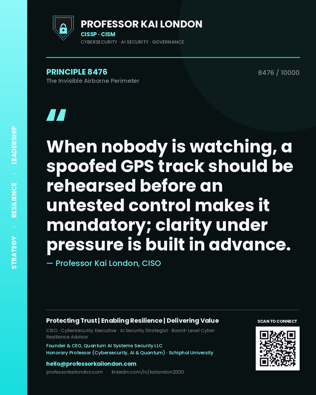 Quote card by Professor Kai London reading 'When nobody is watching, a spoofed GPS track should be rehearsed before an untested control makes it mandatory; clarity under pressure is built in advance.'. From the book The Invisible Airborne Perimeter.