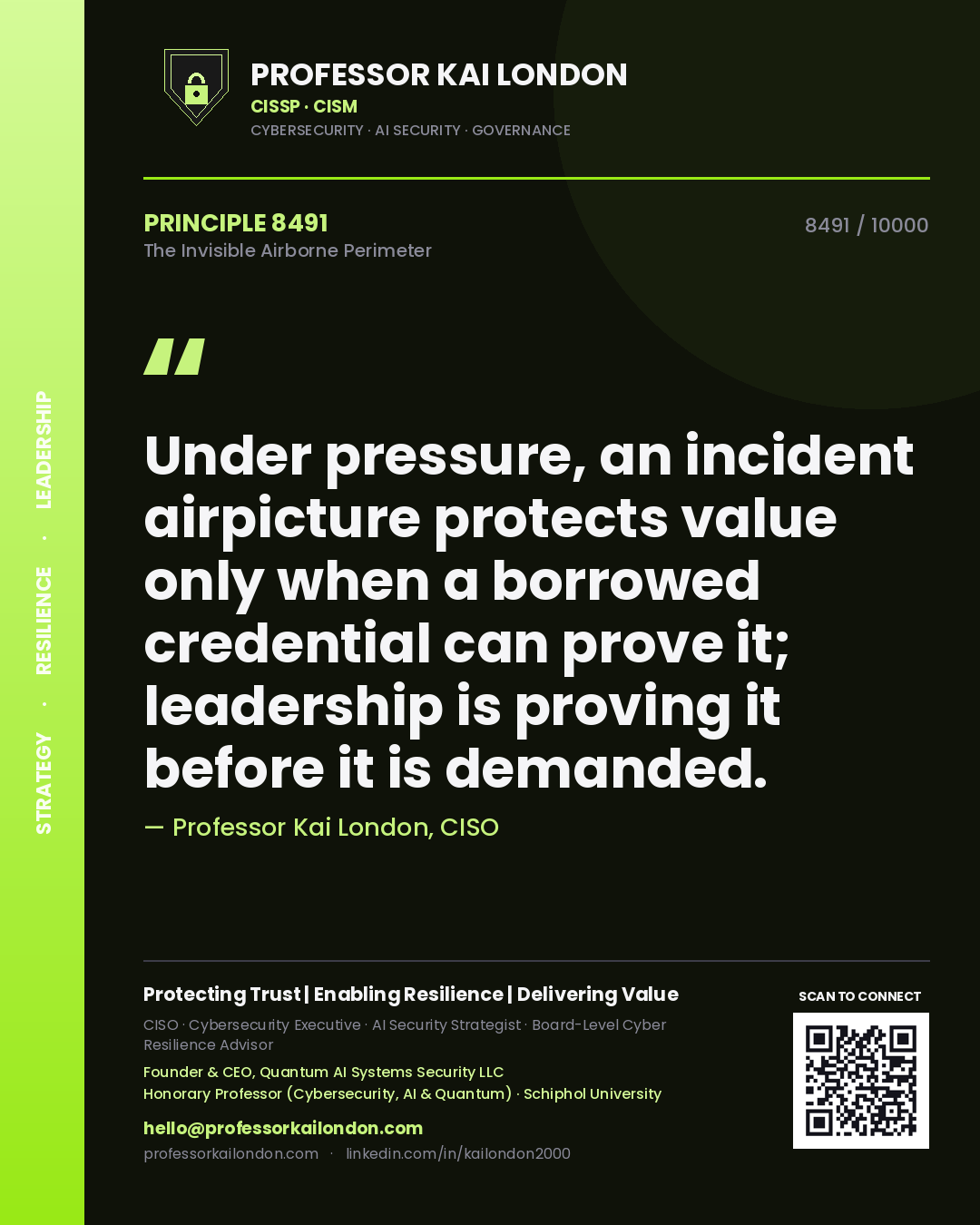 Quote card by Professor Kai London reading 'Under pressure, an incident airpicture protects value only when a borrowed credential can prove it; leadership is proving it before it is demanded.'. From the book The Invisible Airborne Perimeter.
