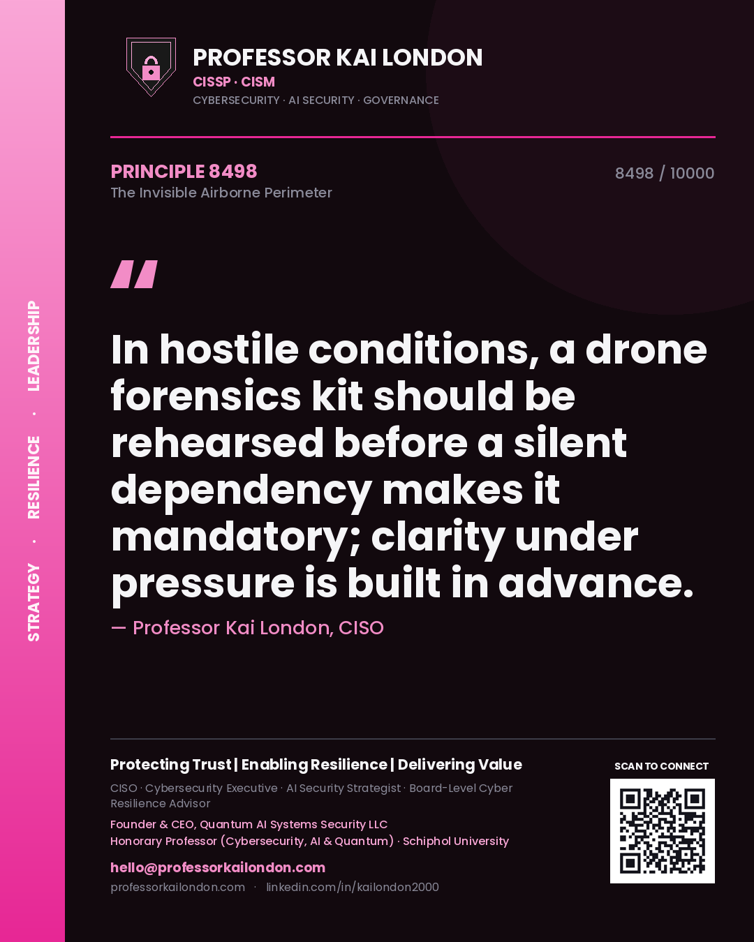 Professor Kai London principle 8498: In hostile conditions, a drone forensics kit should be rehearsed before a silent dependency makes it mandatory; clarity under pressure is built in advance.