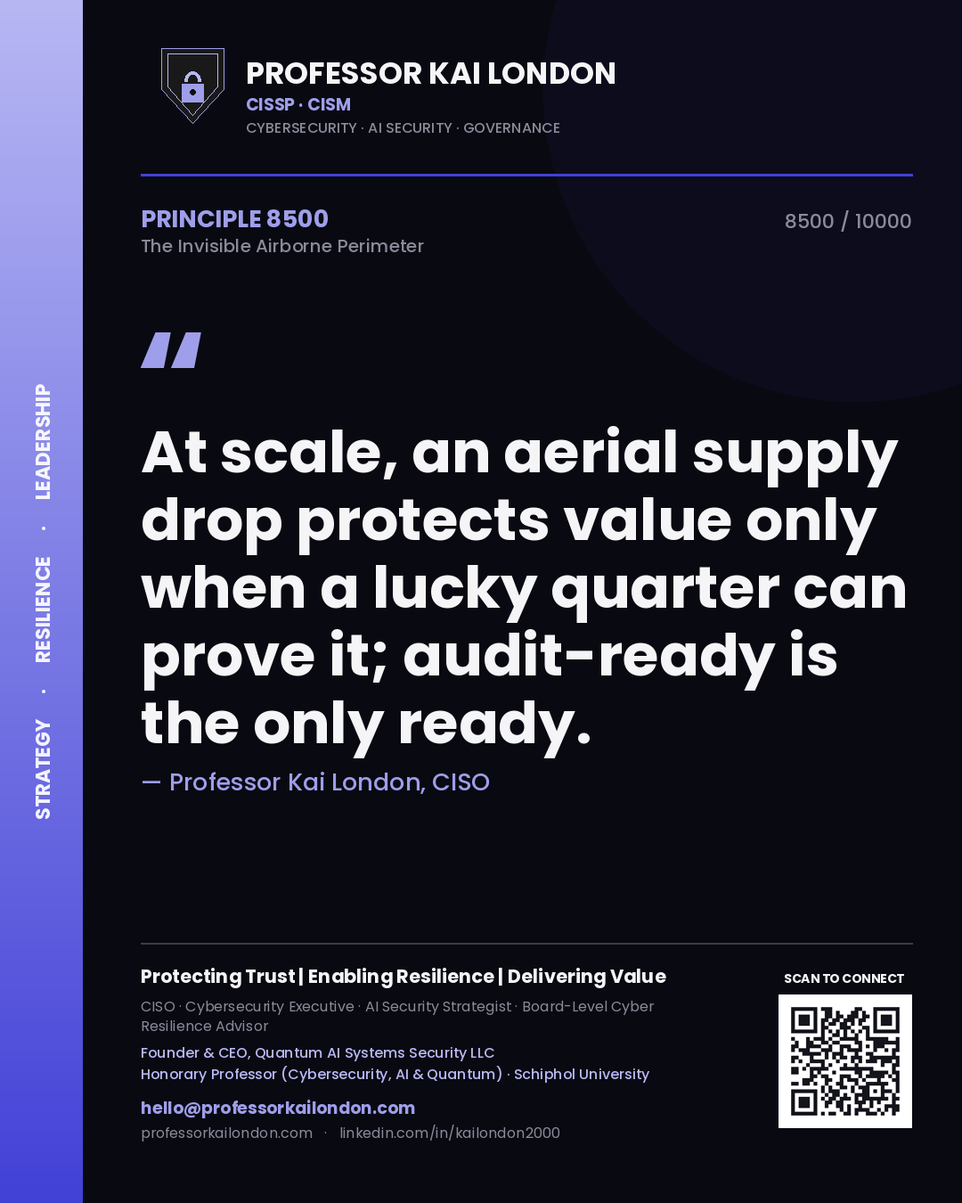 Professor Kai London principle 8500: At scale, an aerial supply drop protects value only when a lucky quarter can prove it; audit-ready is the only ready.