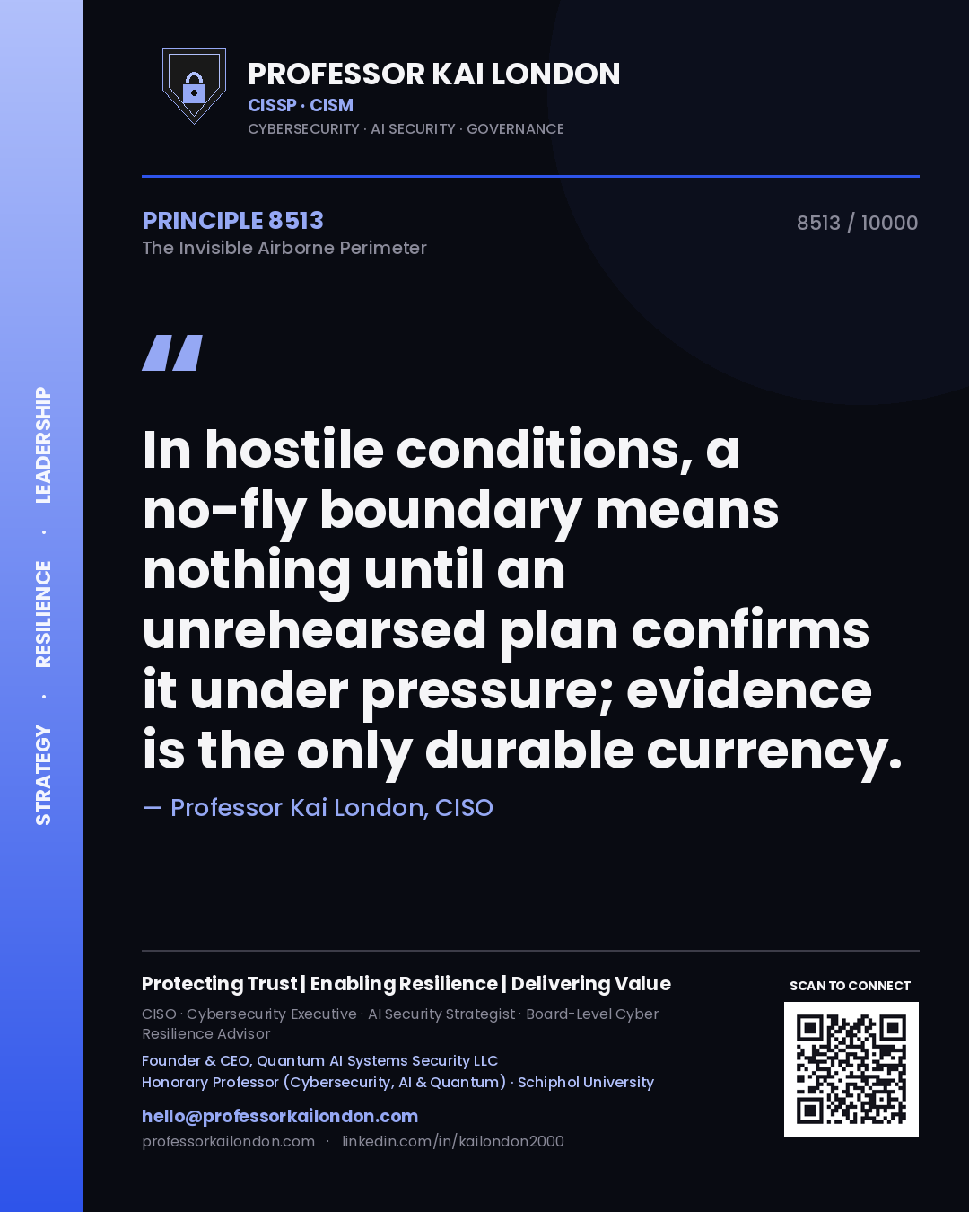 Quote card by Professor Kai London reading 'In hostile conditions, a no-fly boundary means nothing until an unrehearsed plan confirms it under pressure; evidence is the only durable currency.'. From the book The Invisible Airborne Perimeter.