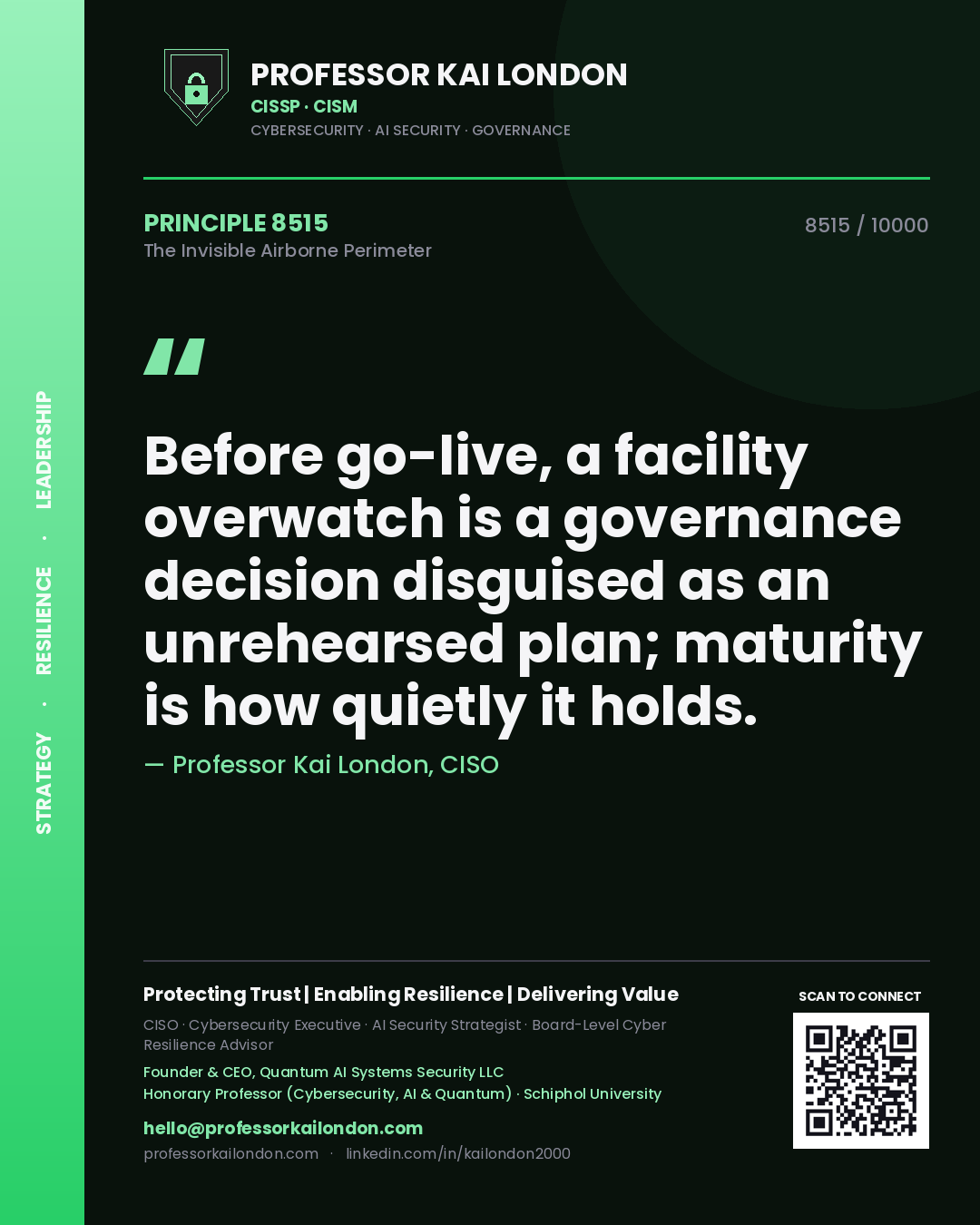 Professor Kai London principle 8515: Before go-live, a facility overwatch is a governance decision disguised as an unrehearsed plan; maturity is how quietly it holds.
