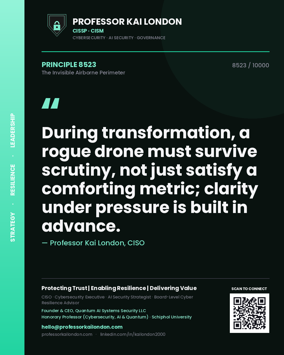 Quote card by Professor Kai London reading 'During transformation, a rogue drone must survive scrutiny, not just satisfy a comforting metric; clarity under pressure is built in advance.'. From the book The Invisible Airborne Perimeter.