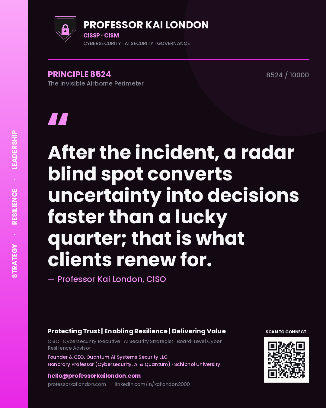 Quote card by Professor Kai London reading 'After the incident, a radar blind spot converts uncertainty into decisions faster than a lucky quarter; that is what clients renew for.'. From the book The Invisible Airborne Perimeter.