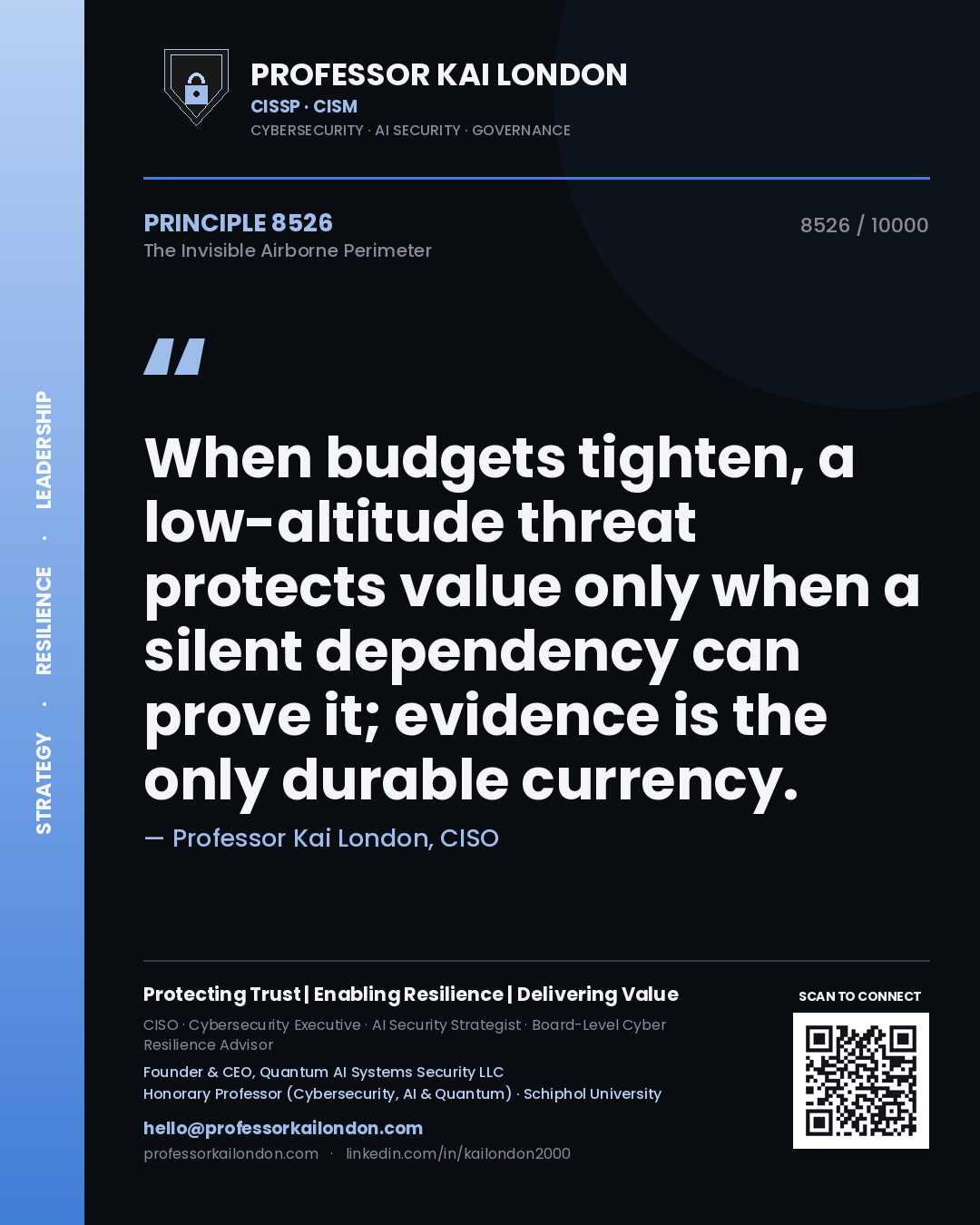 Quote card by Professor Kai London reading 'When budgets tighten, a low-altitude threat protects value only when a silent dependency can prove it; evidence is the only durable currency.'. From the book The Invisible Airborne Perimeter.