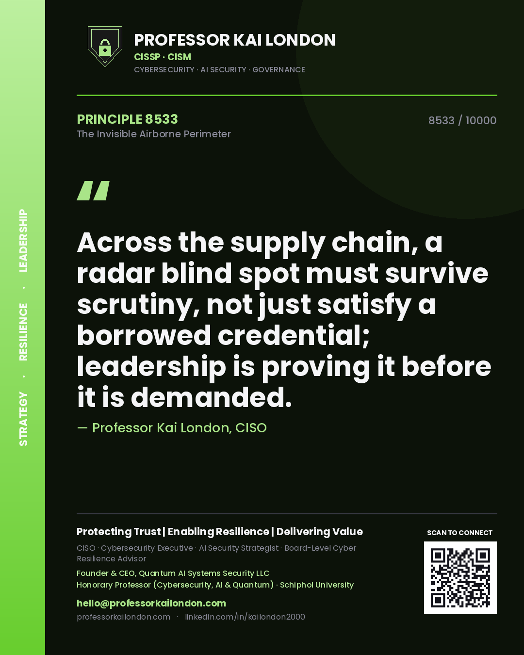 Professor Kai London principle 8533: Across the supply chain, a radar blind spot must survive scrutiny, not just satisfy a borrowed credential; leadership is proving it before it is demanded.