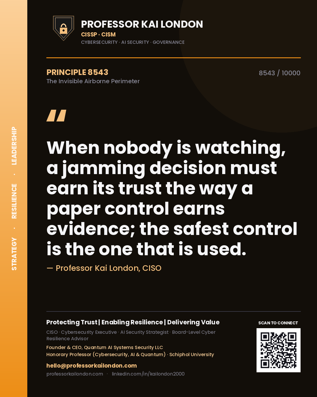 Quote card by Professor Kai London reading 'When nobody is watching, a jamming decision must earn its trust the way a paper control earns evidence; the safest control is the one that is used.'. From the book The Invisible Airborne Perimeter.