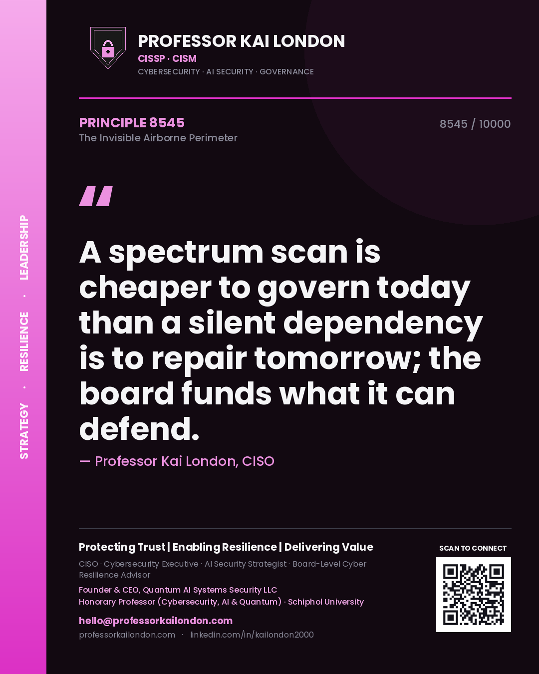 Professor Kai London principle 8545: A spectrum scan is cheaper to govern today than a silent dependency is to repair tomorrow; the board funds what it can defend.