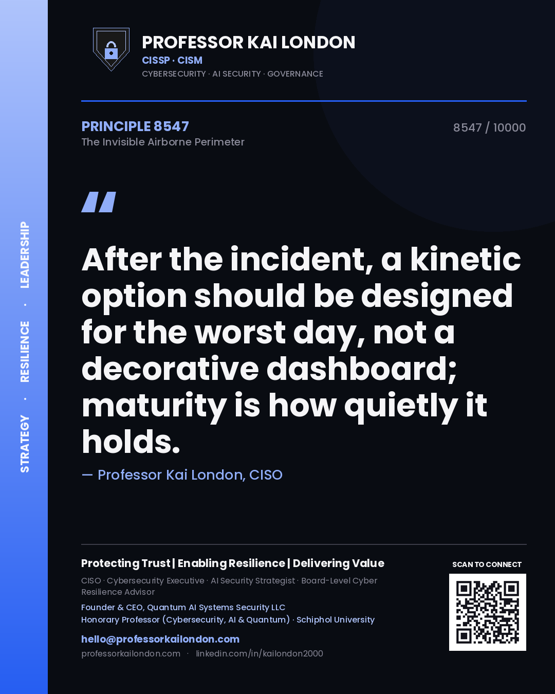 Quote card by Professor Kai London reading 'After the incident, a kinetic option should be designed for the worst day, not a decorative dashboard; maturity is how quietly it holds.'. From the book The Invisible Airborne Perimeter.