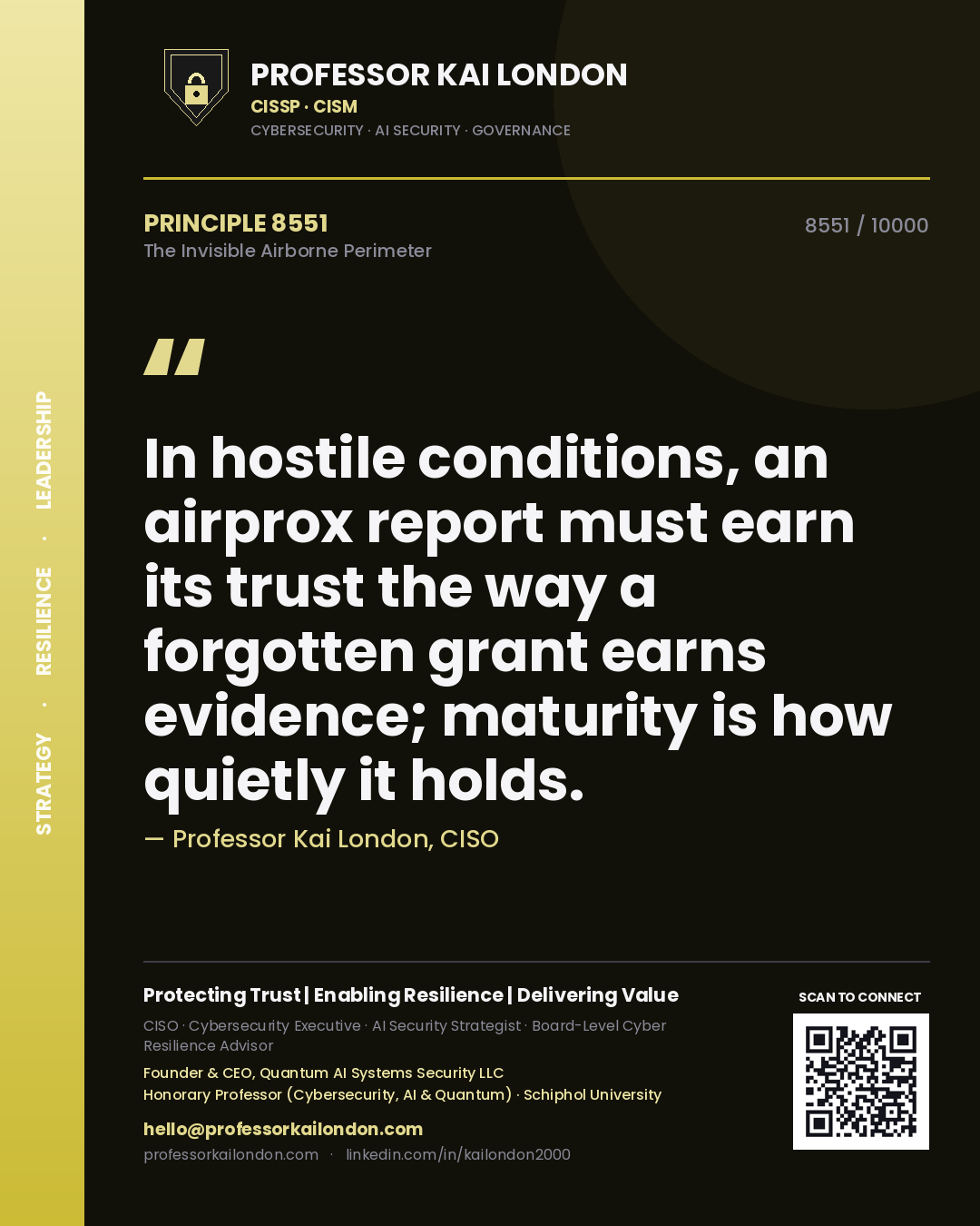 Professor Kai London principle 8551: In hostile conditions, an airprox report must earn its trust the way a forgotten grant earns evidence; maturity is how quietly it holds.