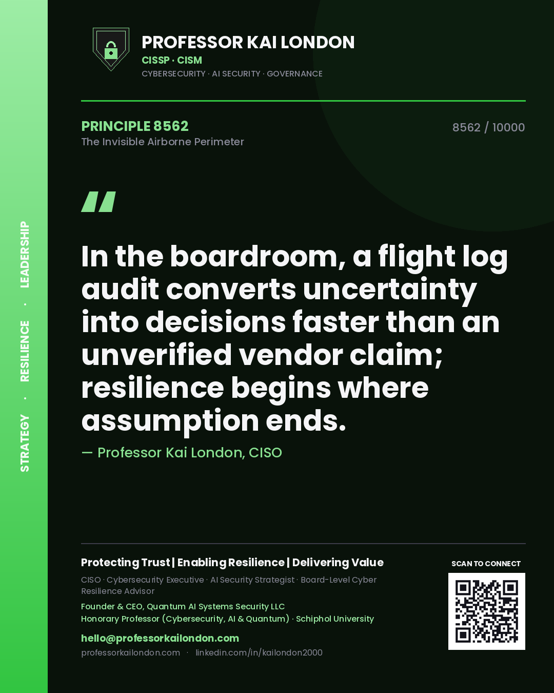 Quote card by Professor Kai London reading 'In the boardroom, a flight log audit converts uncertainty into decisions faster than an unverified vendor claim; resilience begins where assumption ends.'. From the book The Invisible Airborne Perimeter.