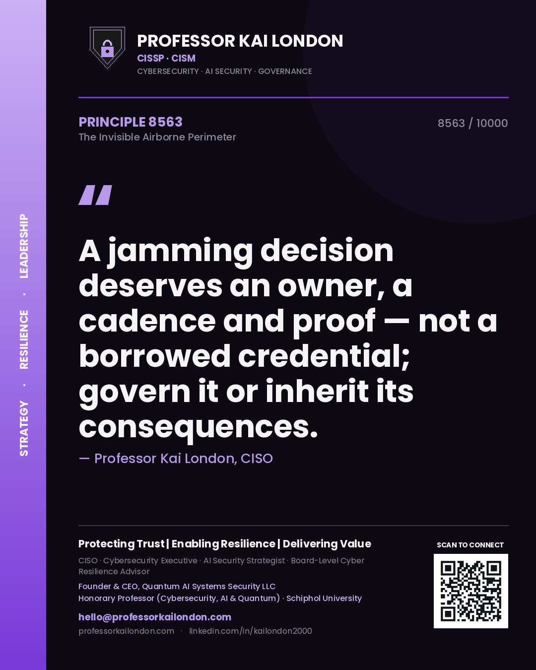 Quote card by Professor Kai London reading 'A jamming decision deserves an owner, a cadence and proof — not a borrowed credential; govern it or inherit its consequences.'. From the book The Invisible Airborne Perimeter.