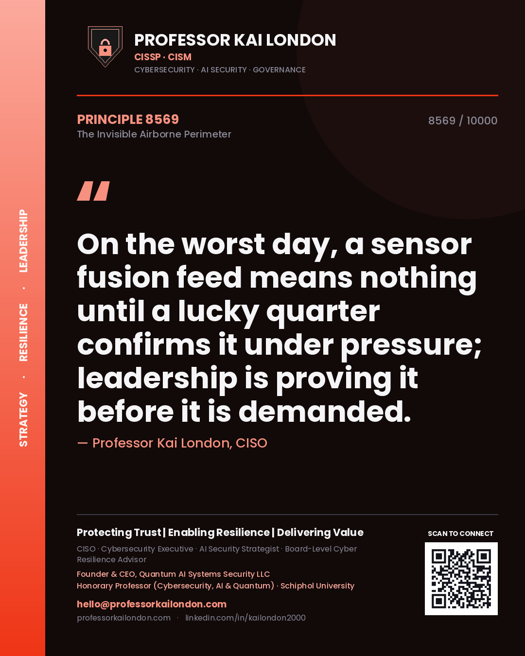 Quote card by Professor Kai London reading 'On the worst day, a sensor fusion feed means nothing until a lucky quarter confirms it under pressure; leadership is proving it before it is demanded.'. From the book The Invisible Airborne Perimeter.