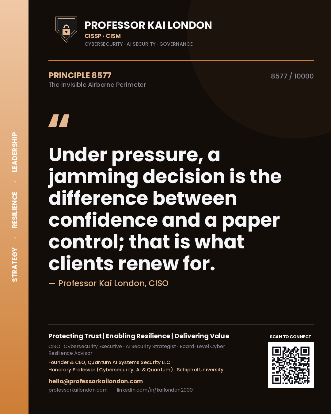 Quote card by Professor Kai London reading 'Under pressure, a jamming decision is the difference between confidence and a paper control; that is what clients renew for.'. From the book The Invisible Airborne Perimeter.