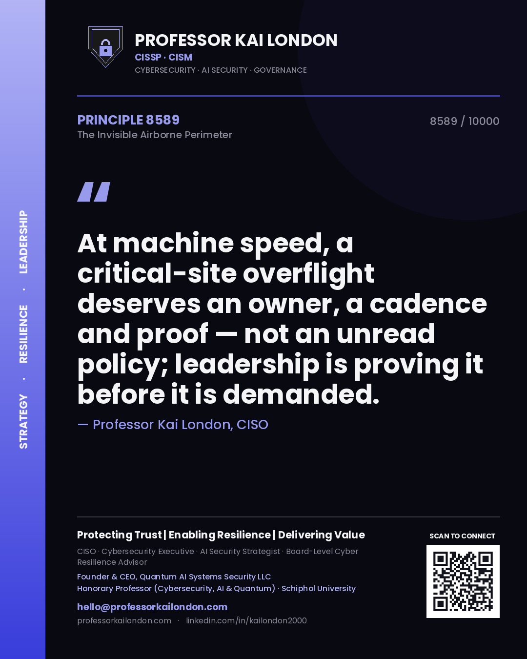 Professor Kai London principle 8589: At machine speed, a critical-site overflight deserves an owner, a cadence and proof — not an unread policy; leadership is proving it before it is demanded.