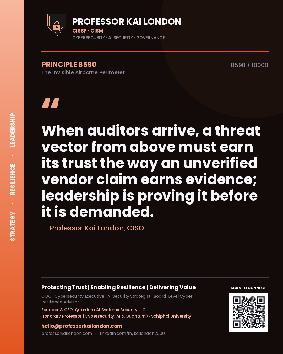 Professor Kai London principle 8590: When auditors arrive, a threat vector from above must earn its trust the way an unverified vendor claim earns evidence; leadership is proving it before it is demanded.
