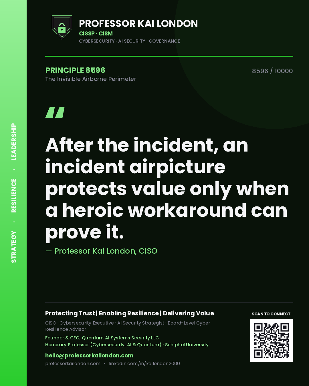 Quote card by Professor Kai London reading 'After the incident, an incident airpicture protects value only when a heroic workaround can prove it.'. From the book The Invisible Airborne Perimeter.