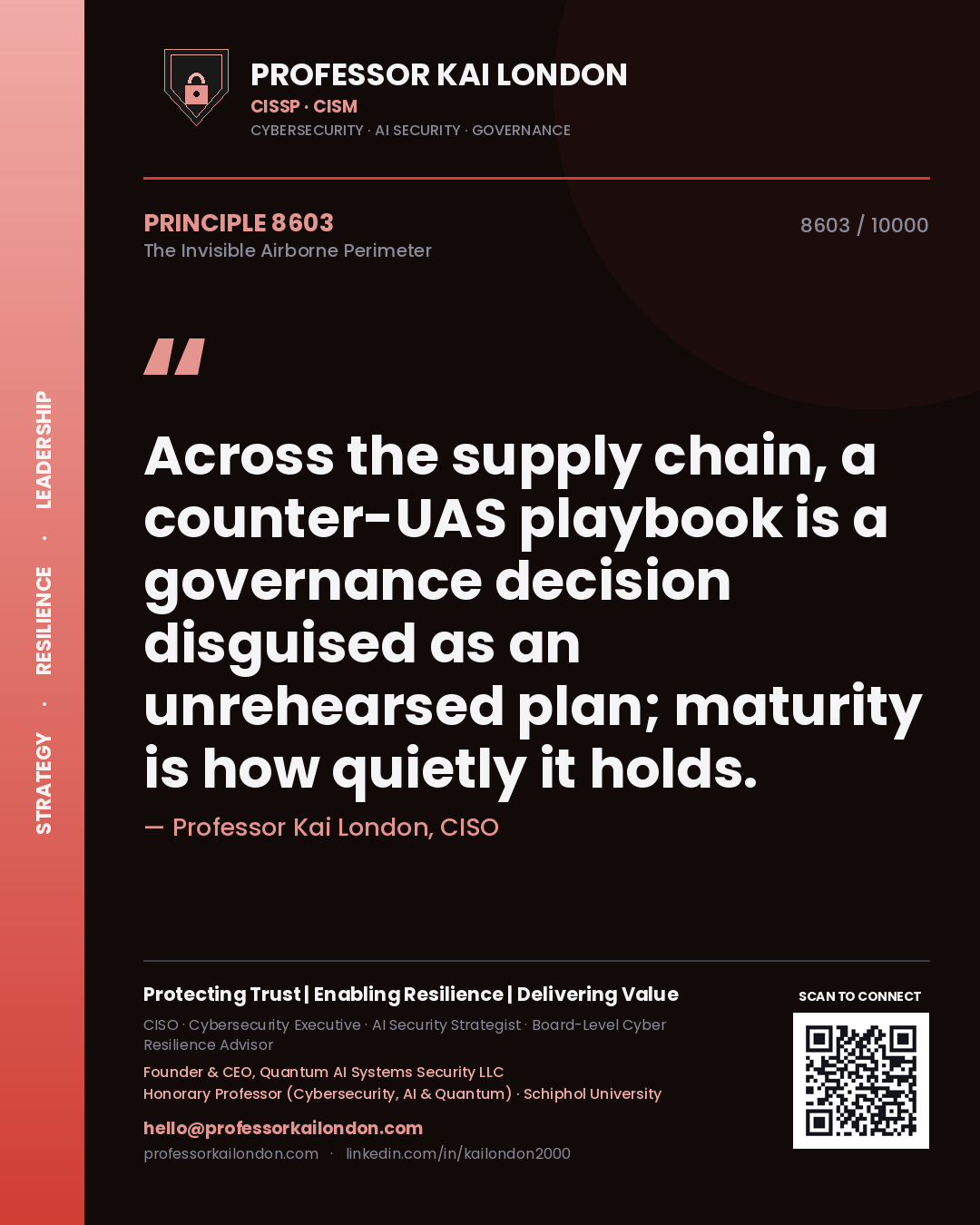 Quote card by Professor Kai London reading 'Across the supply chain, a counter-UAS playbook is a governance decision disguised as an unrehearsed plan; maturity is how quietly it holds.'. From the book The Invisible Airborne Perimeter.