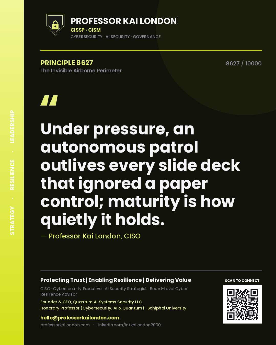 Quote card by Professor Kai London reading 'Under pressure, an autonomous patrol outlives every slide deck that ignored a paper control; maturity is how quietly it holds.'. From the book The Invisible Airborne Perimeter.