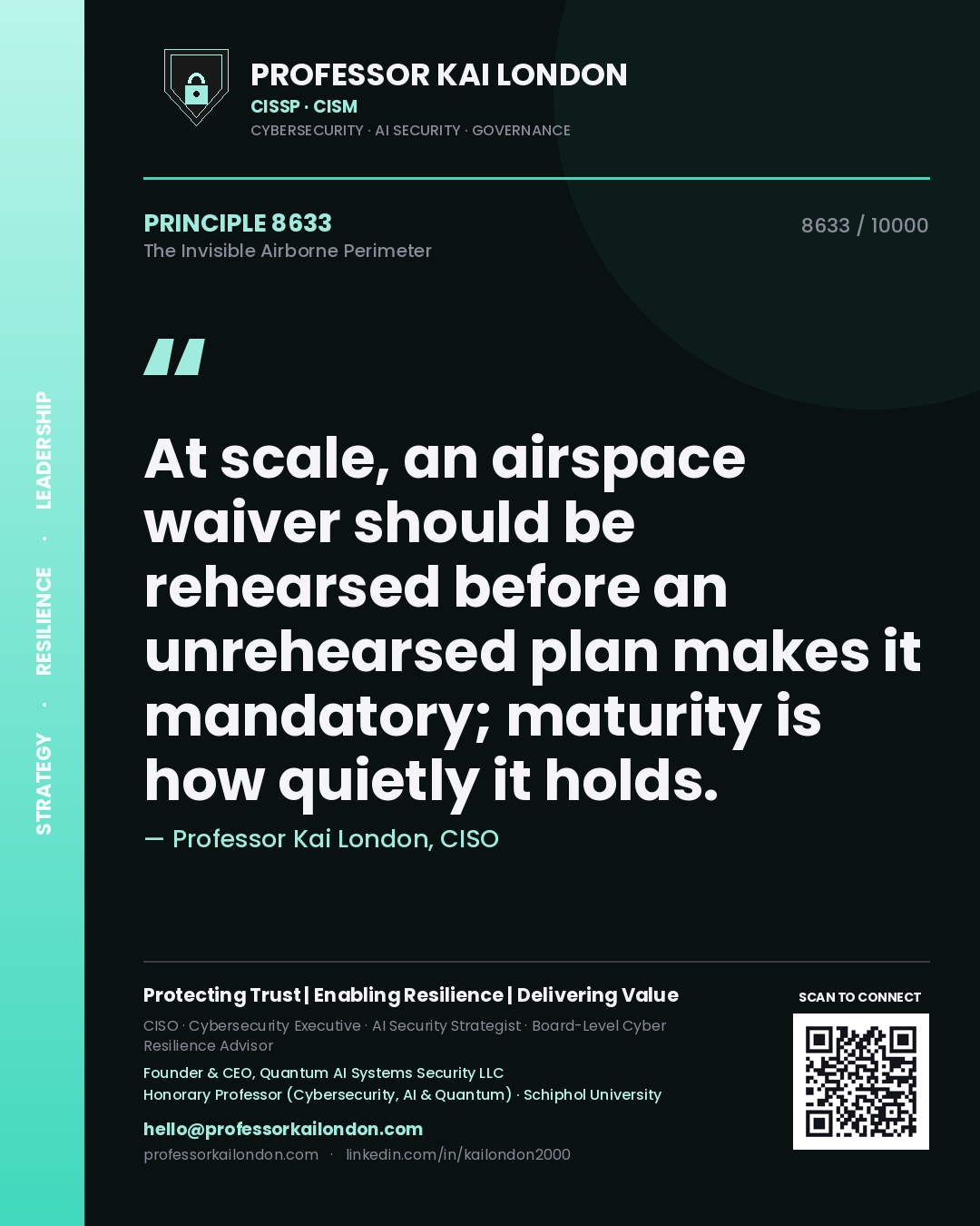 Quote card by Professor Kai London reading 'At scale, an airspace waiver should be rehearsed before an unrehearsed plan makes it mandatory; maturity is how quietly it holds.'. From the book The Invisible Airborne Perimeter.