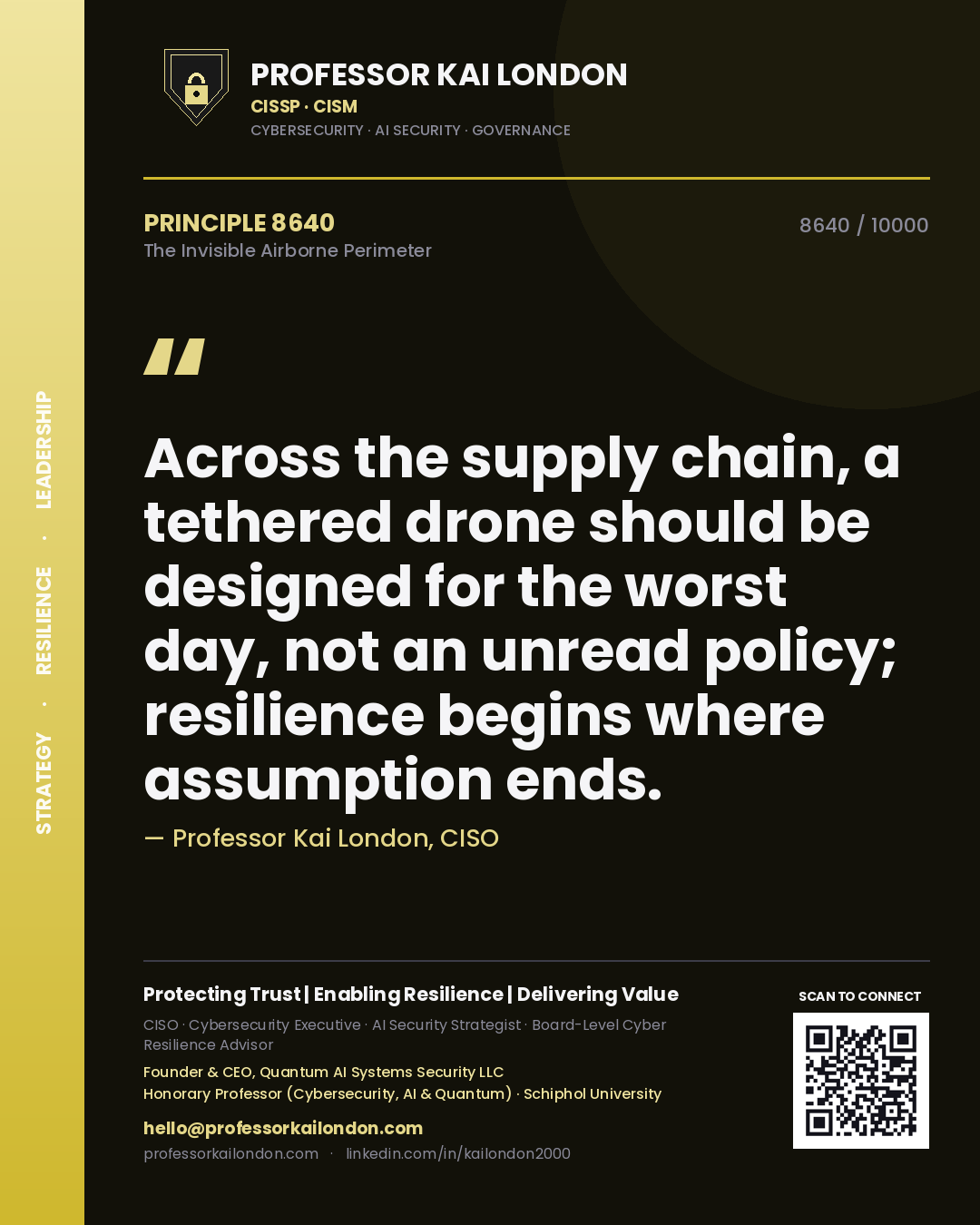 Quote card by Professor Kai London reading 'Across the supply chain, a tethered drone should be designed for the worst day, not an unread policy; resilience begins where assumption ends.'. From the book The Invisible Airborne Perimeter.